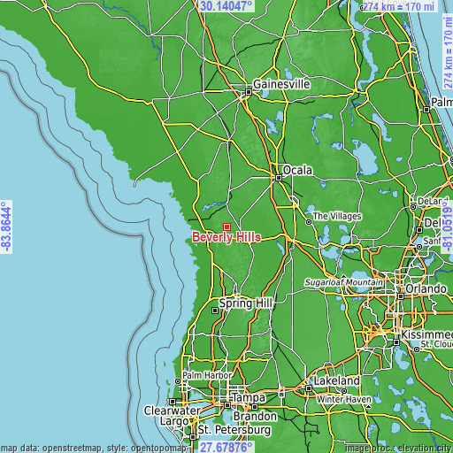 Topographic map of Beverly Hills