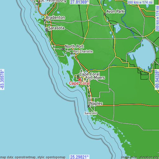 Topographic map of Cape Coral