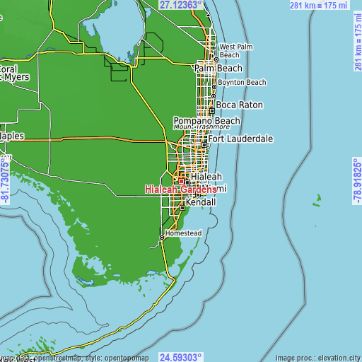 Topographic map of Hialeah Gardens