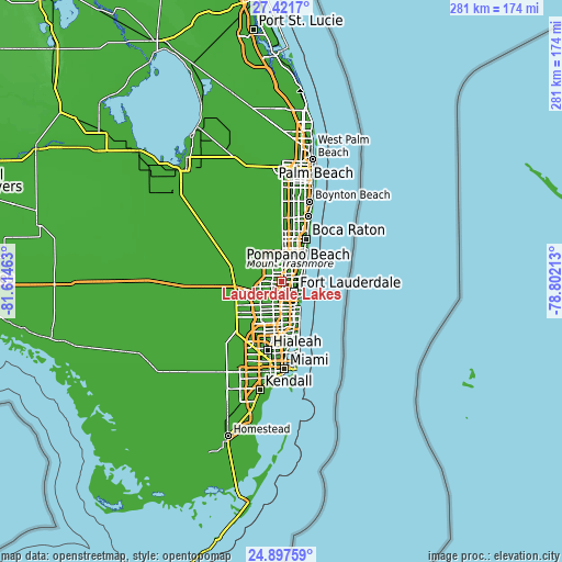 Topographic map of Lauderdale Lakes