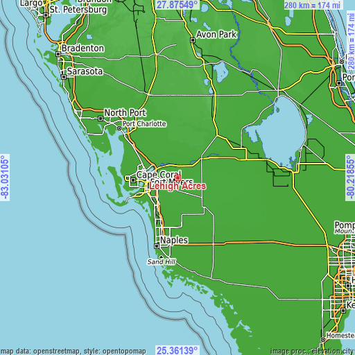 Topographic map of Lehigh Acres