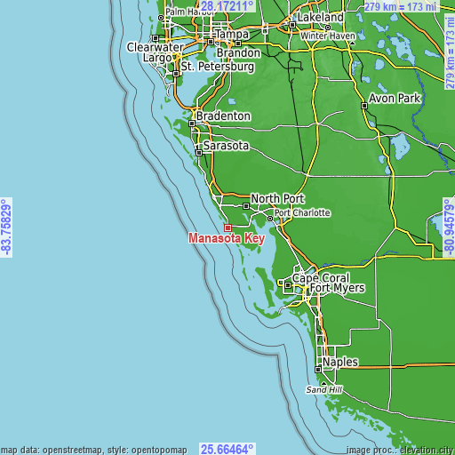 Topographic map of Manasota Key