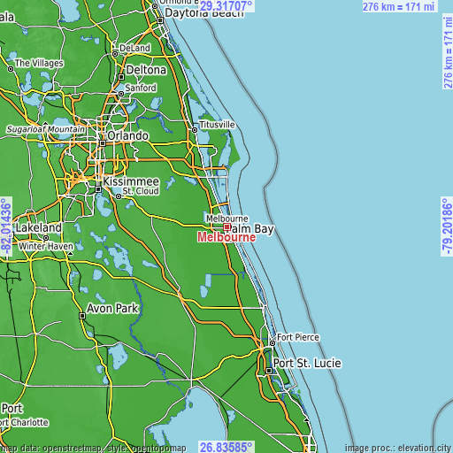 Topographic map of Melbourne