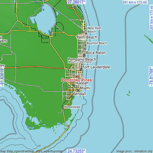 Topographic map of Pembroke Pines
