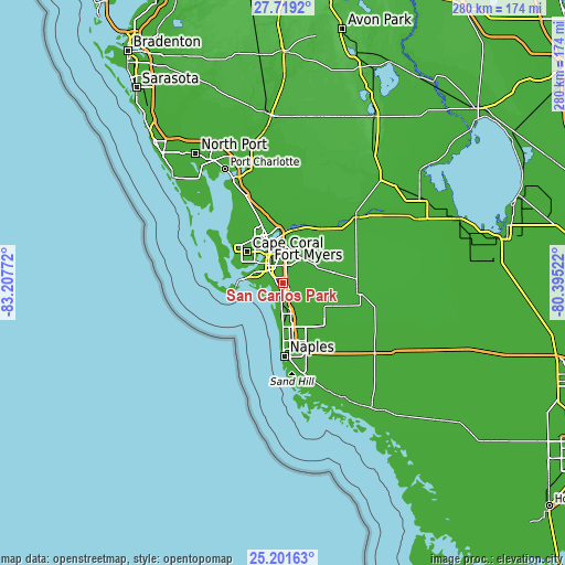 Topographic map of San Carlos Park