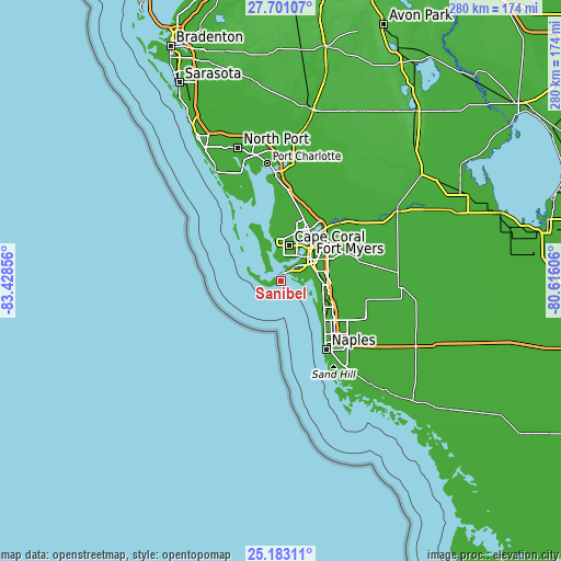 Topographic map of Sanibel