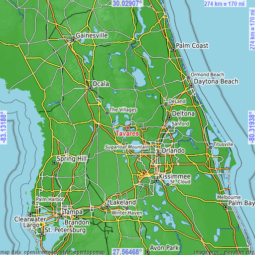 Topographic map of Tavares