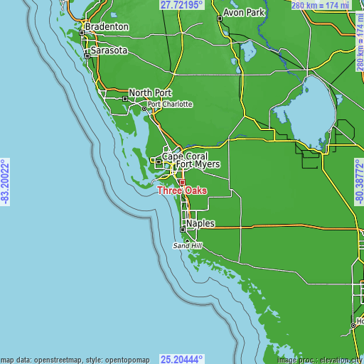 Topographic map of Three Oaks