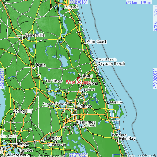 Topographic map of West DeLand