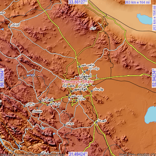 Topographic map of Khomeynī Shahr