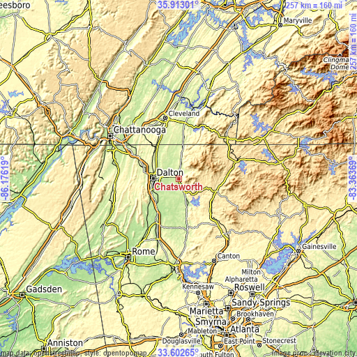 Topographic map of Chatsworth