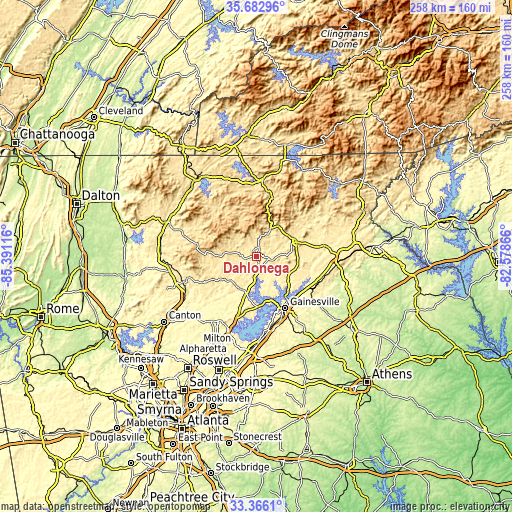 Topographic map of Dahlonega