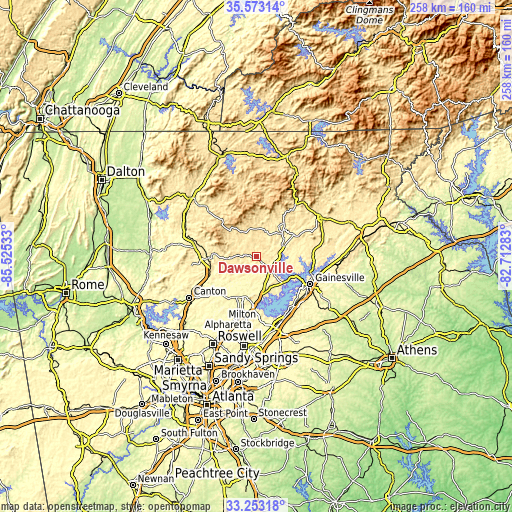 Topographic map of Dawsonville