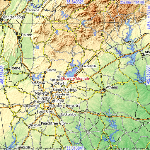 Topographic map of Flowery Branch