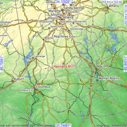 Topographic map of Hannahs Mill