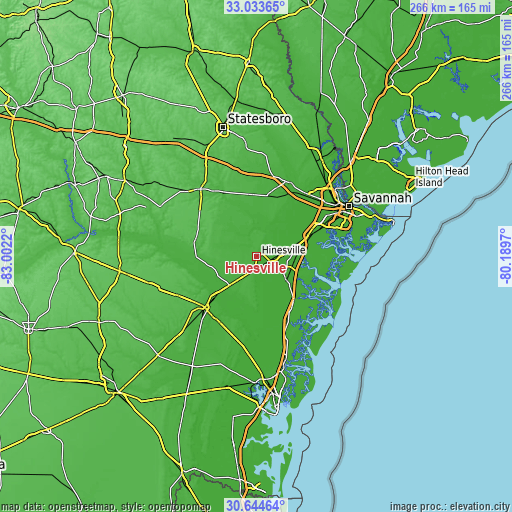 Topographic map of Hinesville