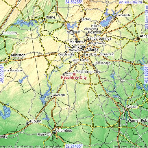 Topographic map of Peachtree City