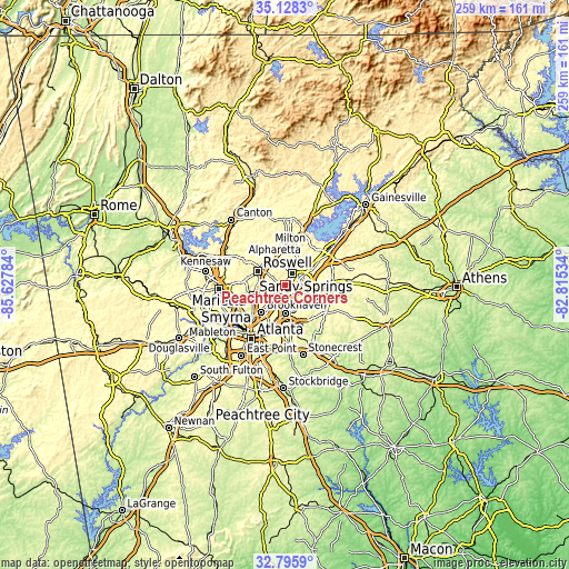 Topographic map of Peachtree Corners