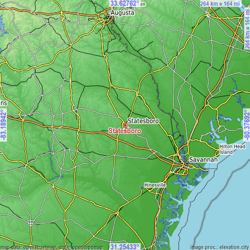 Topographic map of Statesboro