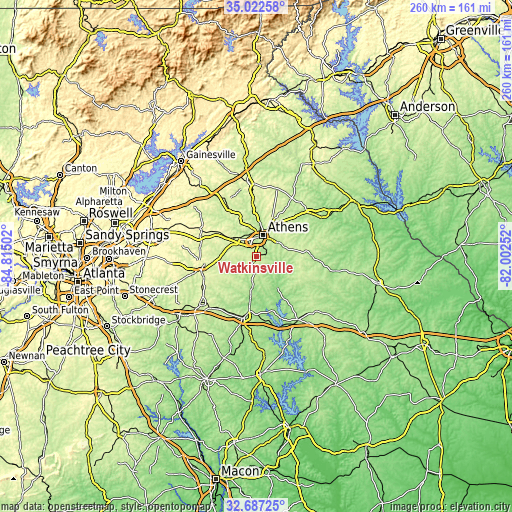 Topographic map of Watkinsville