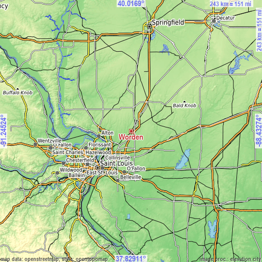 Topographic map of Worden