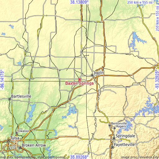 Topographic map of Baxter Springs