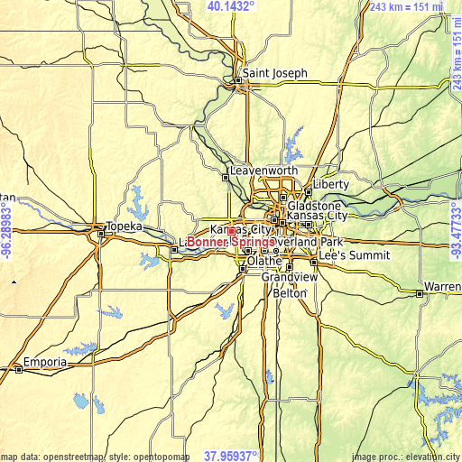 Topographic map of Bonner Springs