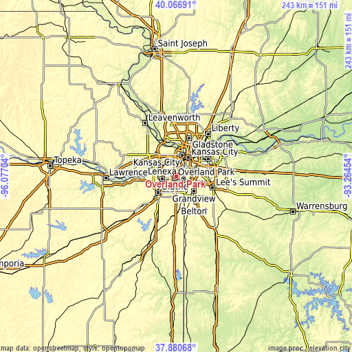 Topographic map of Overland Park