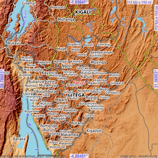Topographic map of Karuzi