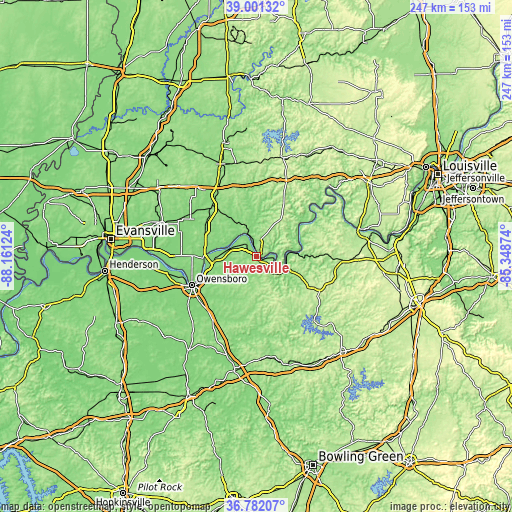 Topographic map of Hawesville