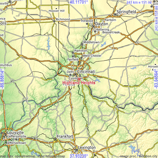 Topographic map of Highland Heights