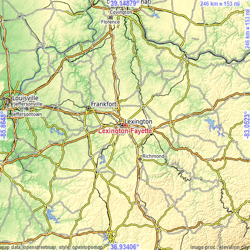 Topographic map of Lexington-Fayette