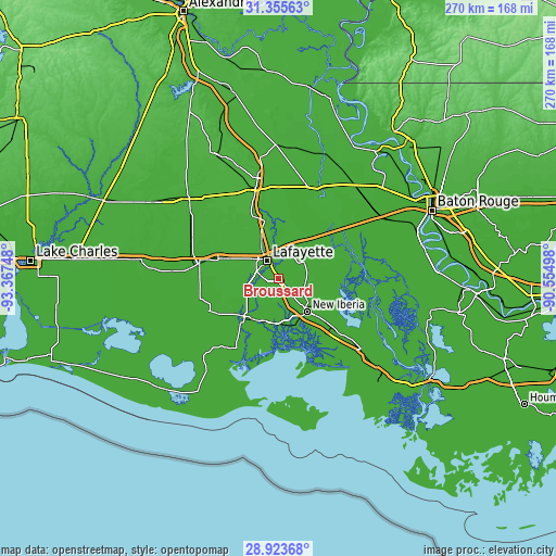 Topographic map of Broussard