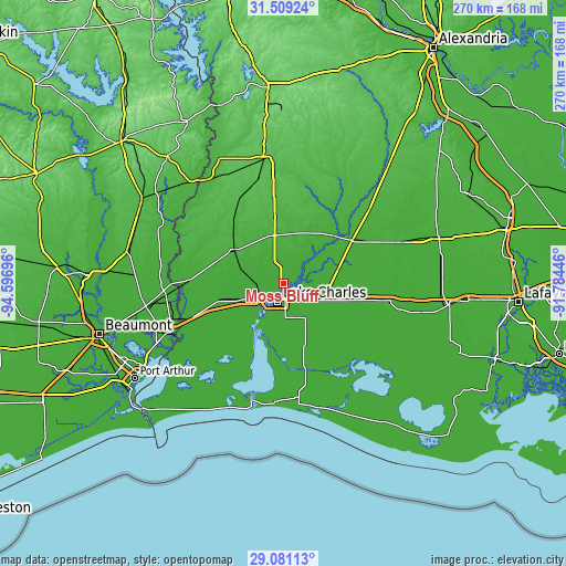 Topographic map of Moss Bluff