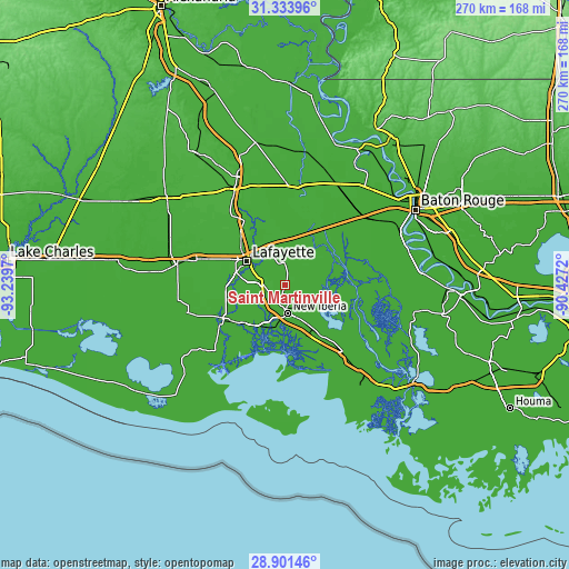 Topographic map of Saint Martinville