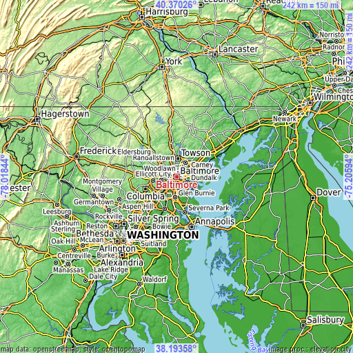 Topographic map of Baltimore