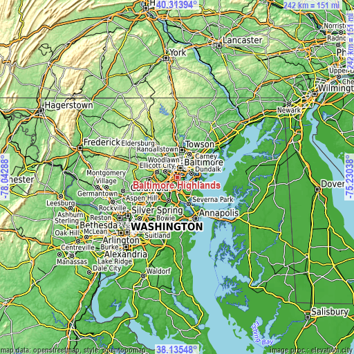 Topographic map of Baltimore Highlands