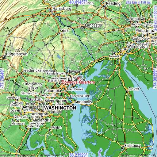 Topographic map of Bowleys Quarters