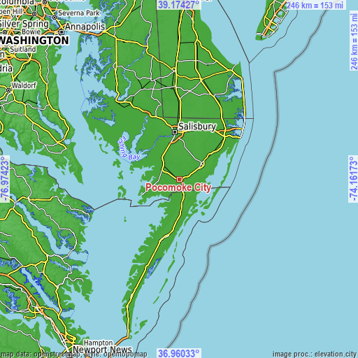 Topographic map of Pocomoke City