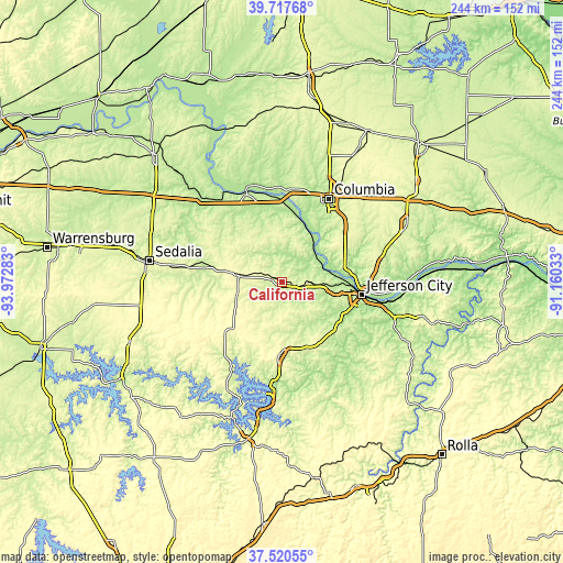 Topographic map of California