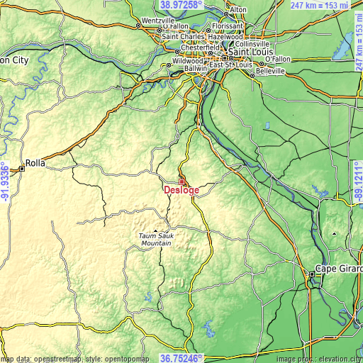 Topographic map of Desloge