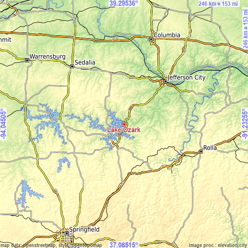 Topographic map of Lake Ozark