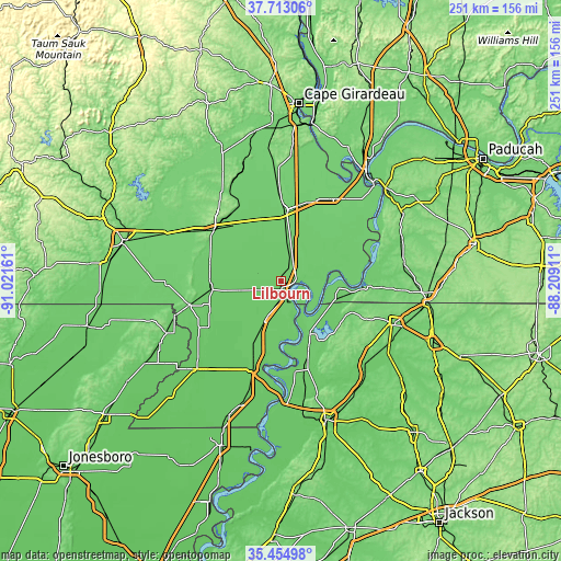 Topographic map of Lilbourn