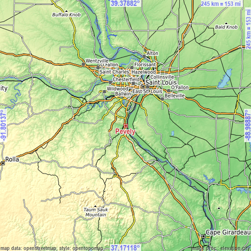 Topographic map of Pevely