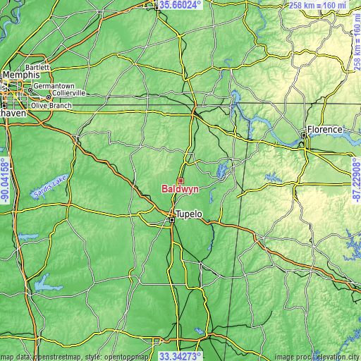 Topographic map of Baldwyn