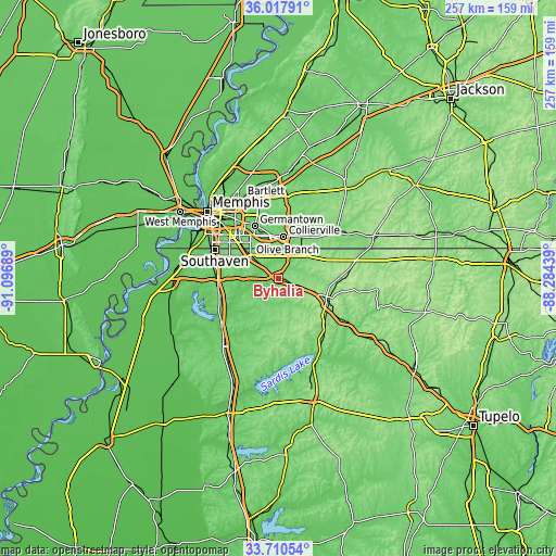 Topographic map of Byhalia