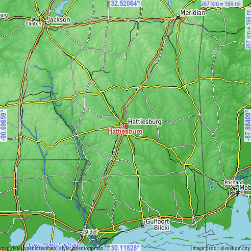 Topographic map of Hattiesburg