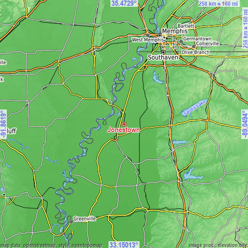 Topographic map of Jonestown