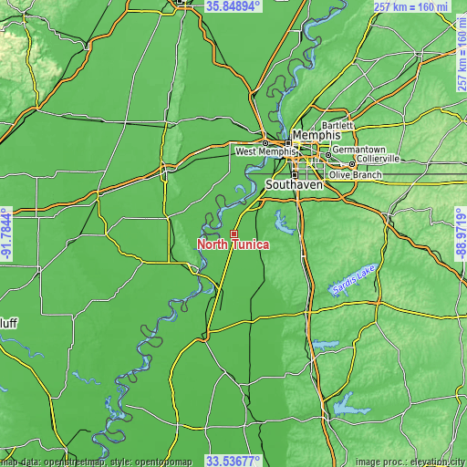 Topographic map of North Tunica