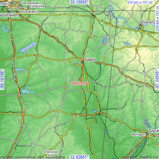 Topographic map of Okolona